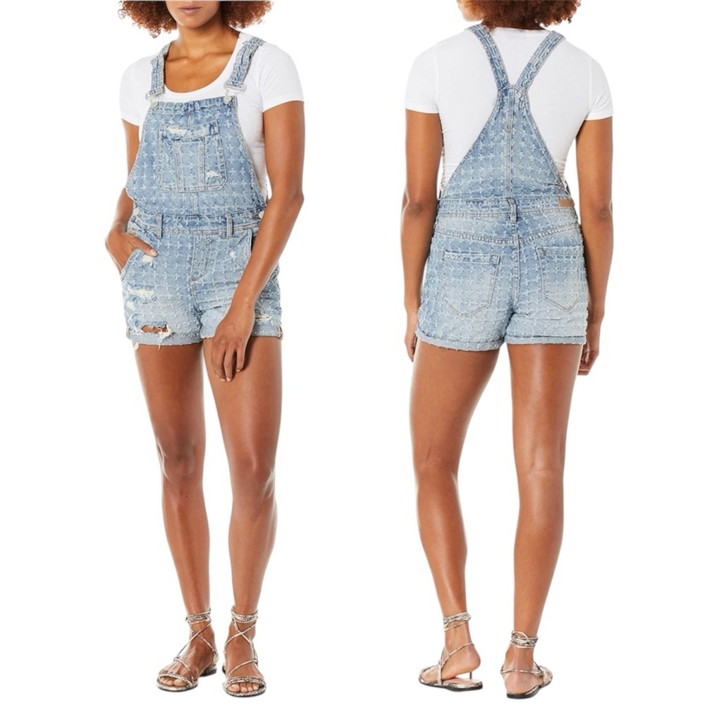 BLANKNYC Distressed Cross Denim Light Blue Overall Shorts 0129